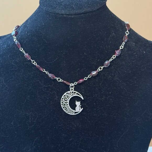 Genuine Garnet Short Necklace, Natural Gemstone w/ Cat on the Moon Pendant - Picture 3 of 15